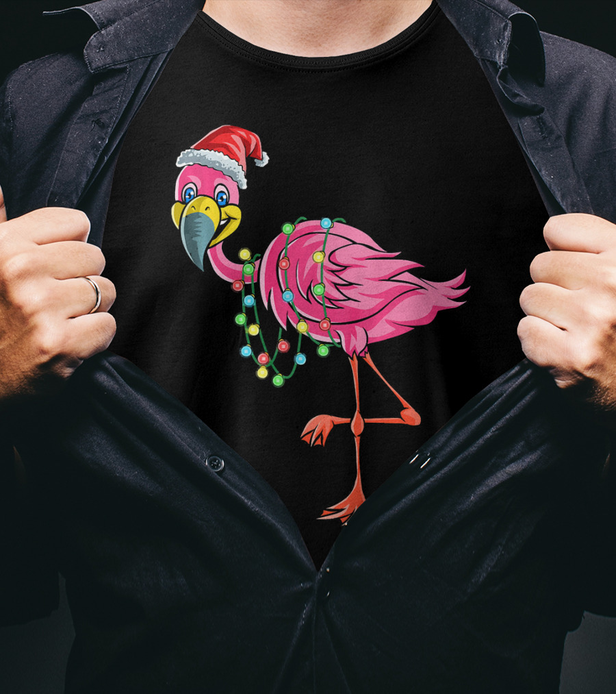 Christmas Flamingo Santa Hat Festive Lights Fun T-Shirt