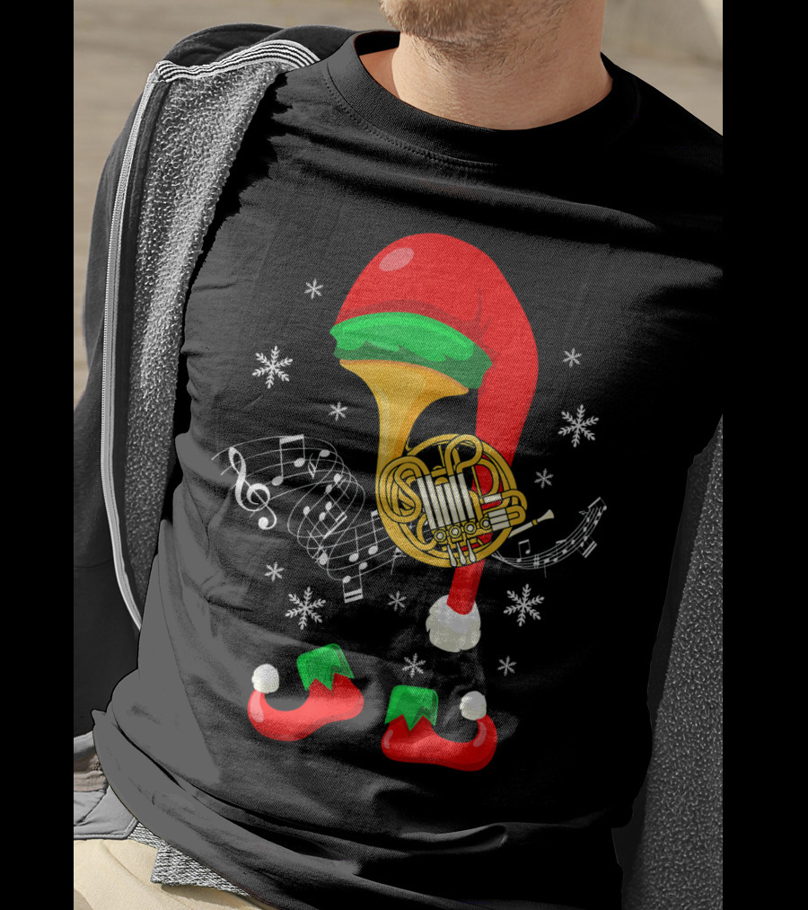 Elf French Horn Music With Christmas Hat And Shoes T-Shirt