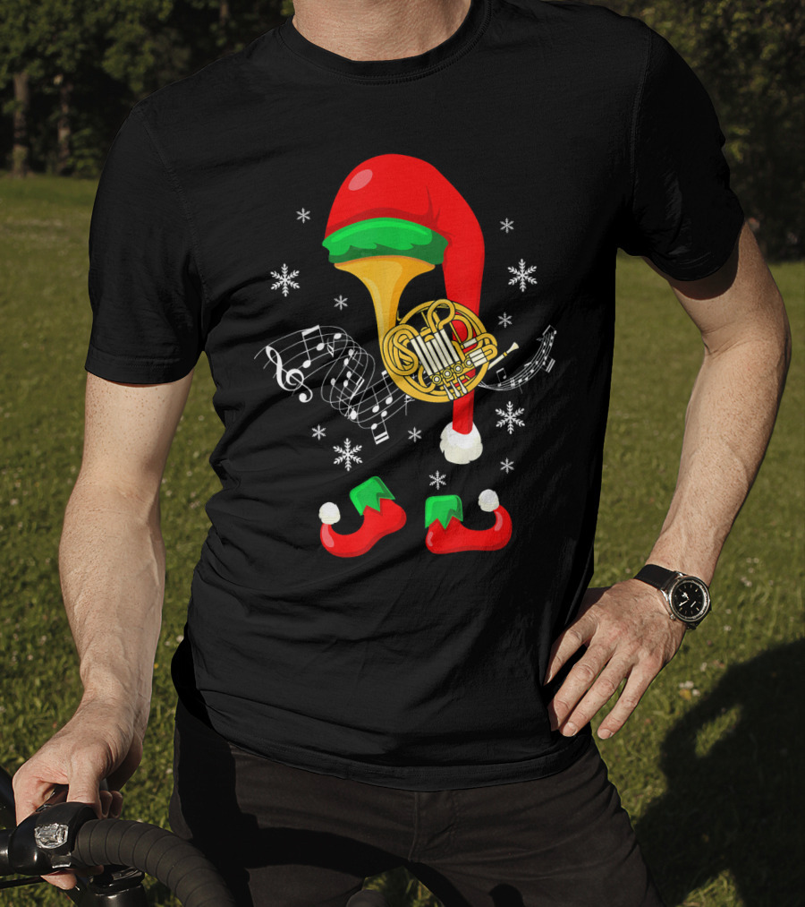 Elf French Horn Music With Christmas Hat And Shoes T-Shirt