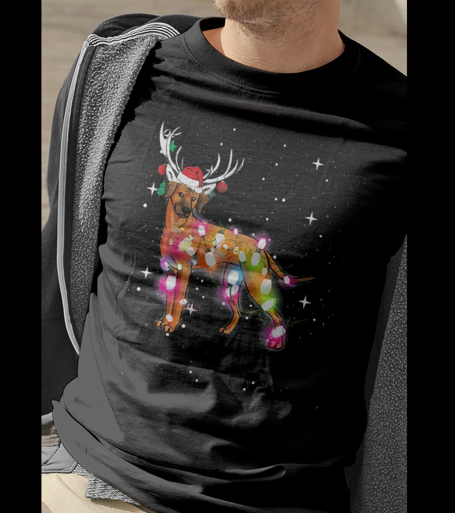 Christmas Lights Rhodesian Ridgeback Dog With Antlers Santa Hat T-Shirt