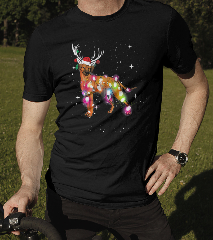 Christmas Lights Rhodesian Ridgeback Dog With Antlers Santa Hat T-Shirt