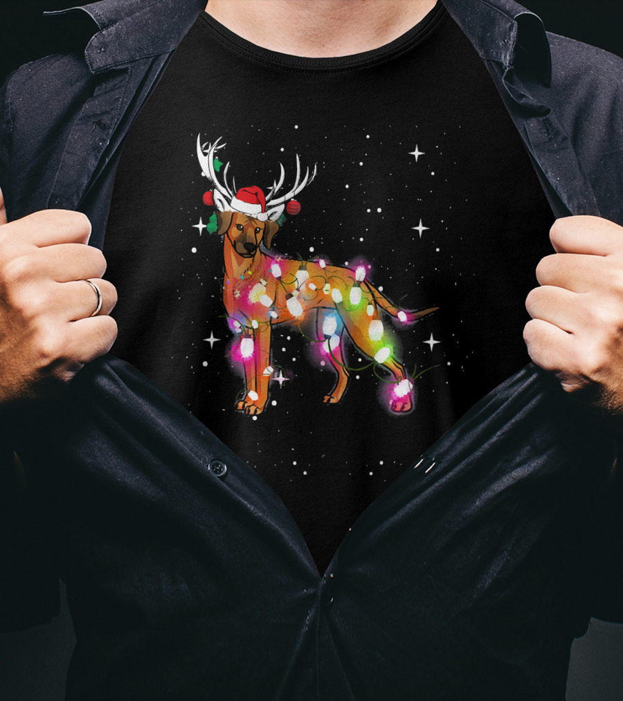 Christmas Lights Rhodesian Ridgeback Dog With Antlers Santa Hat T-Shirt