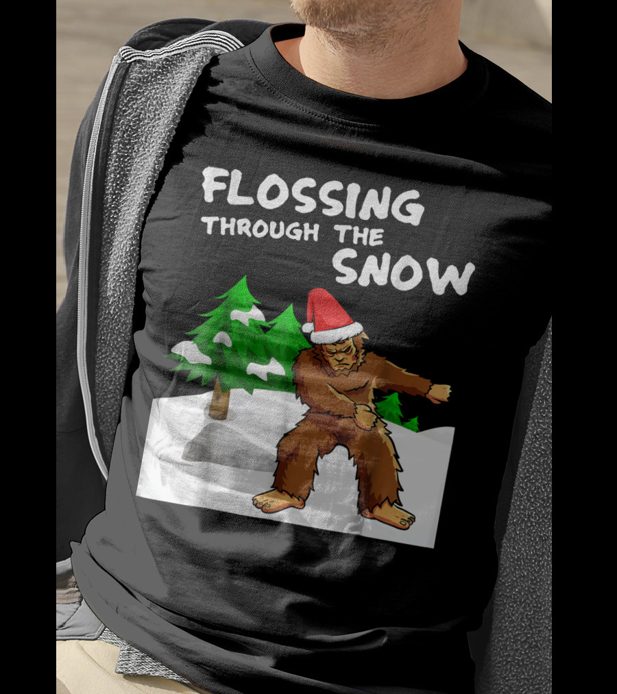Flossing Through The Snow Bigfoot Santa Hat Winter Scene T-Shirt