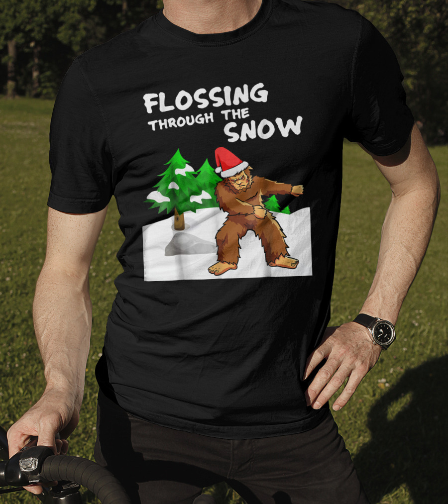 Flossing Through The Snow Bigfoot Santa Hat Winter Scene T-Shirt
