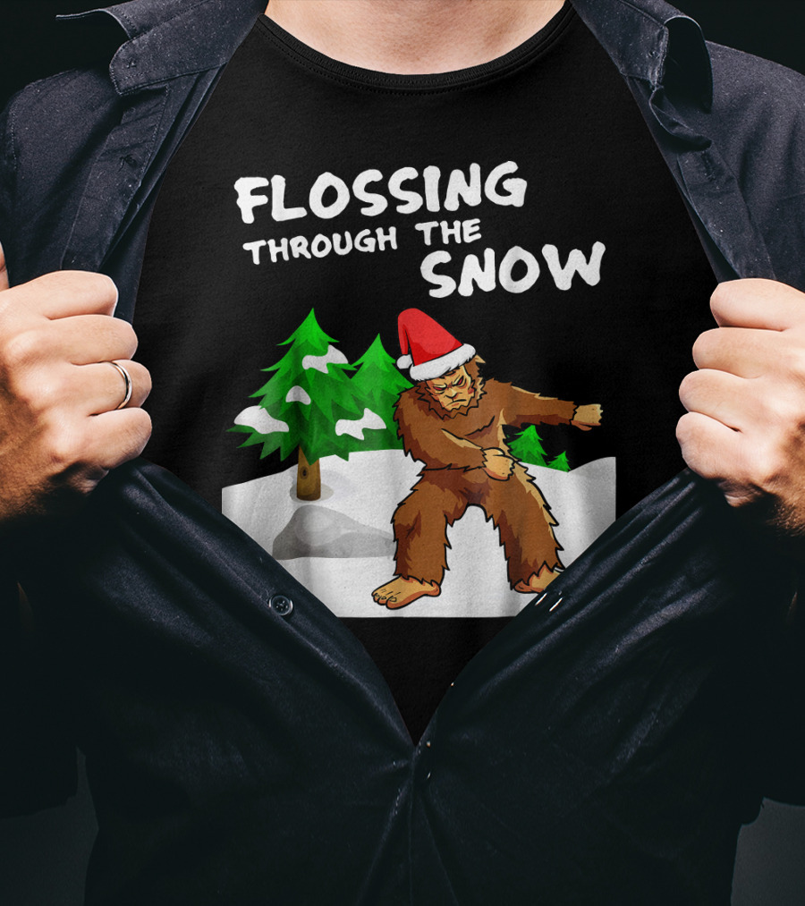 Flossing Through The Snow Bigfoot Santa Hat Winter Scene T-Shirt