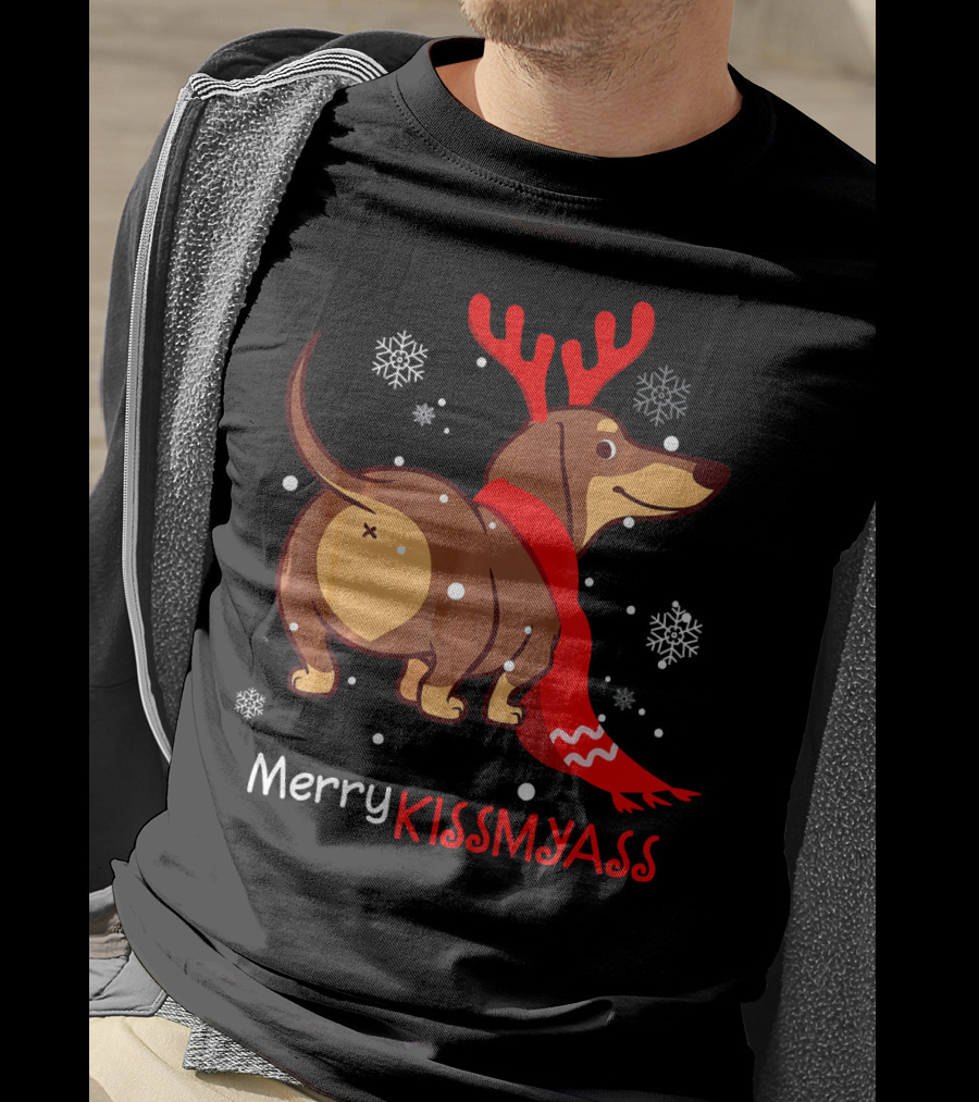 Funny Dog Dachshund Christmas Merry Kiss My Ass T-Shirt