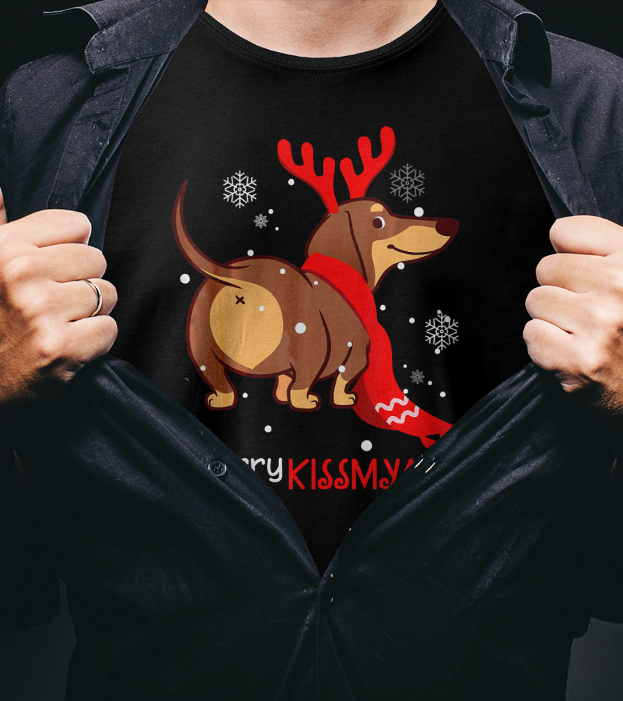 Funny Dog Dachshund Christmas Merry Kiss My Ass T-Shirt