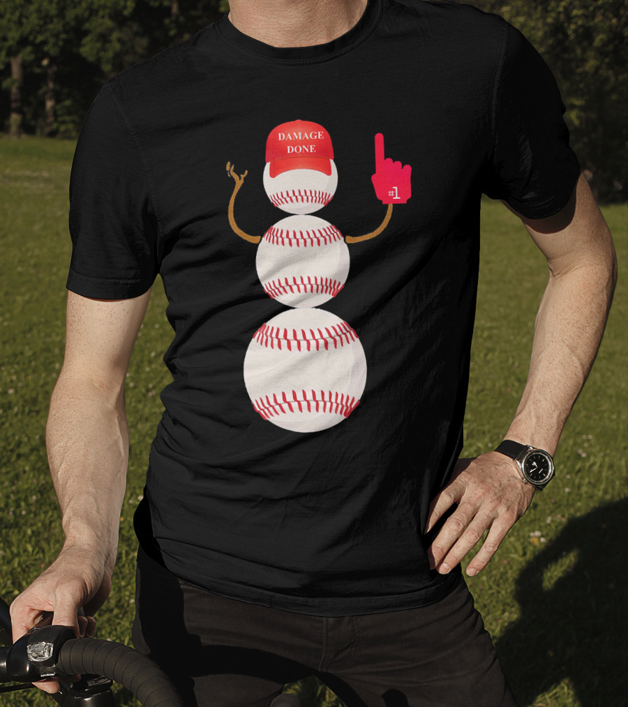 Damage Done Baseball Snowman With Red Cap And Foam Finger T-Shirt