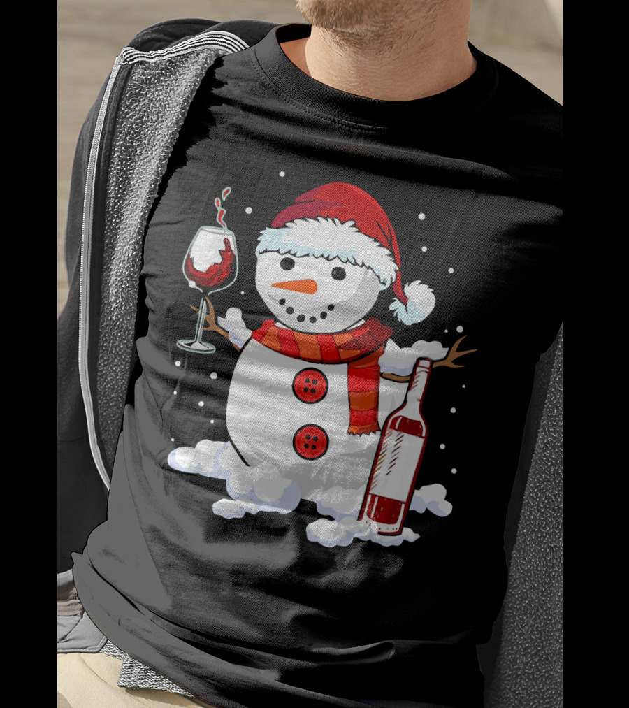Snowman With Santa Hat And Scarf Holding Wine Glass And Bottle Christmas Drinking T-Shirt