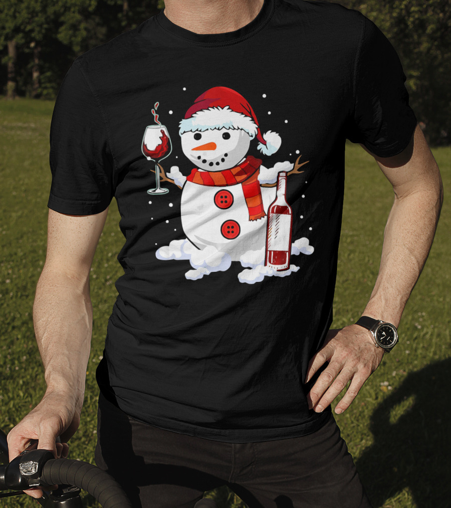 Snowman With Santa Hat And Scarf Holding Wine Glass And Bottle Christmas Drinking T-Shirt