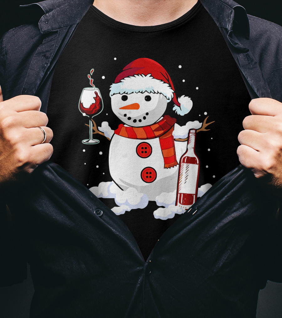 Snowman With Santa Hat And Scarf Holding Wine Glass And Bottle Christmas Drinking T-Shirt