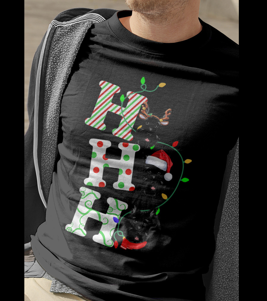 Scottish Terrier Ho Ho Ho Christmas Lights Santa Hat And Antlers T-Shirt