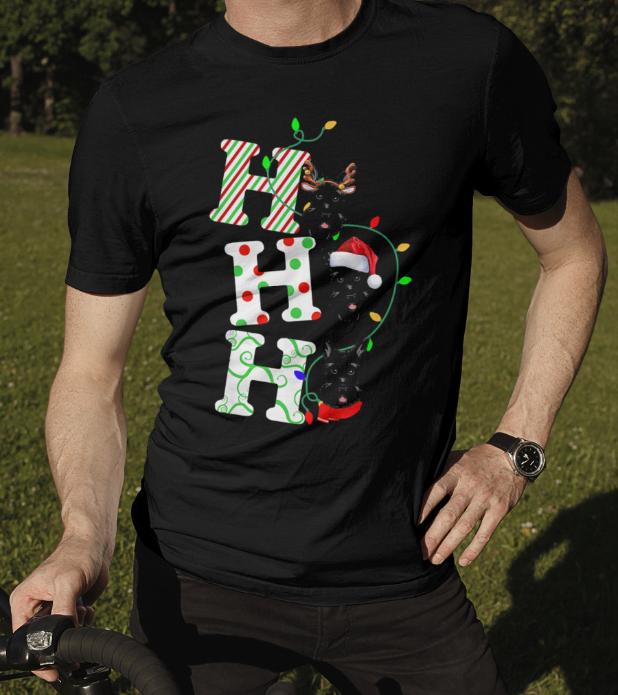 Scottish Terrier Ho Ho Ho Christmas Lights Santa Hat And Antlers T-Shirt