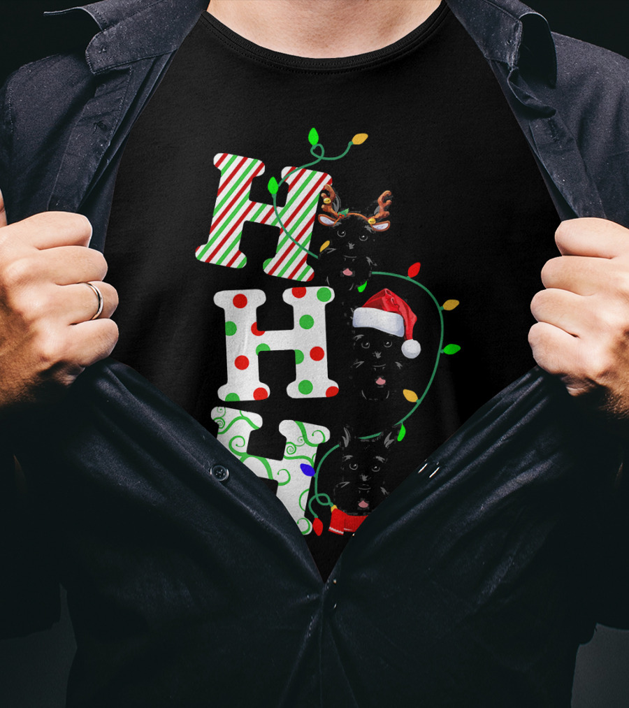 Scottish Terrier Ho Ho Ho Christmas Lights Santa Hat And Antlers T-Shirt