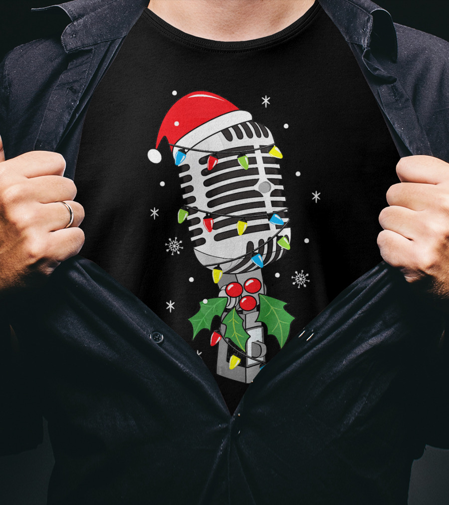 Retro Microphone With Santa Hat And Holiday Lights T-Shirt