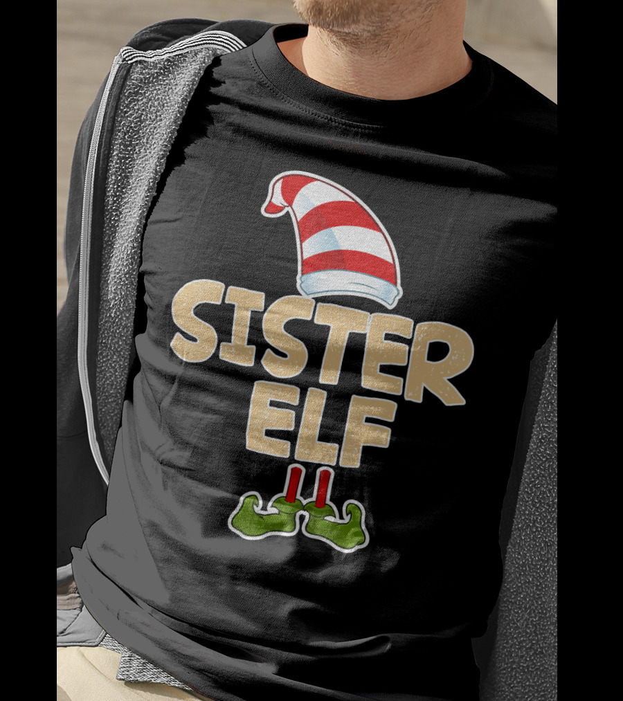 Sister Elf Merry Funny Christmas Hat And Shoes T-Shirt
