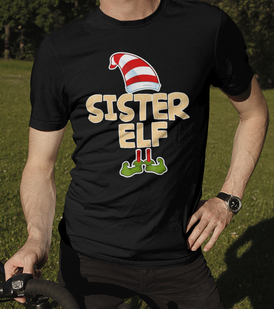 Sister Elf Merry Funny Christmas Hat And Shoes T-Shirt