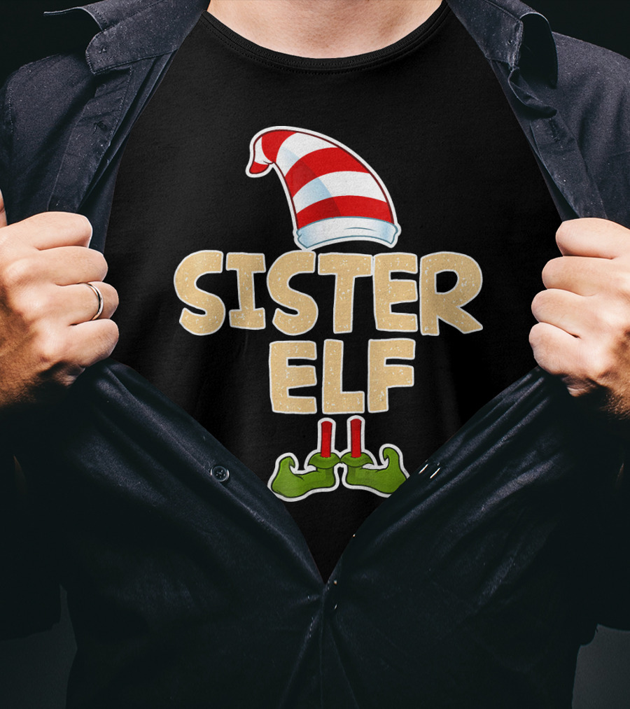 Sister Elf Merry Funny Christmas Hat And Shoes T-Shirt