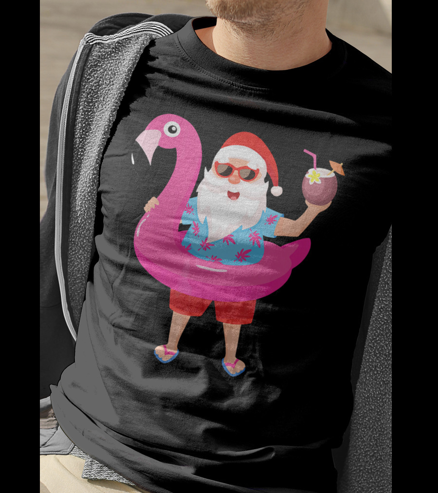 Funny Santa Claus With Flamingo And Tropical Drink T-Shirt