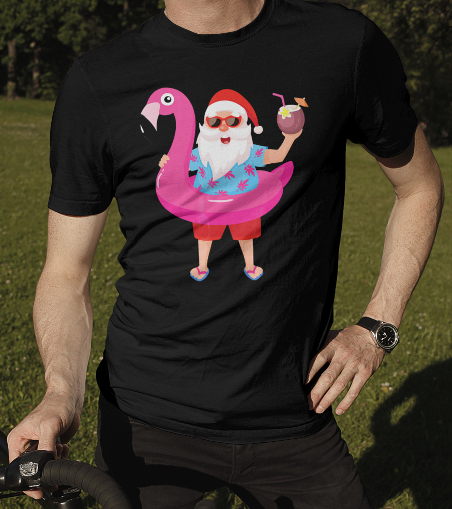 Funny Santa Claus With Flamingo And Tropical Drink T-Shirt