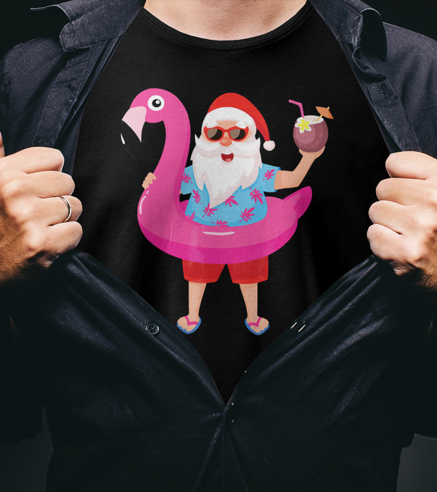 Funny Santa Claus With Flamingo And Tropical Drink T-Shirt