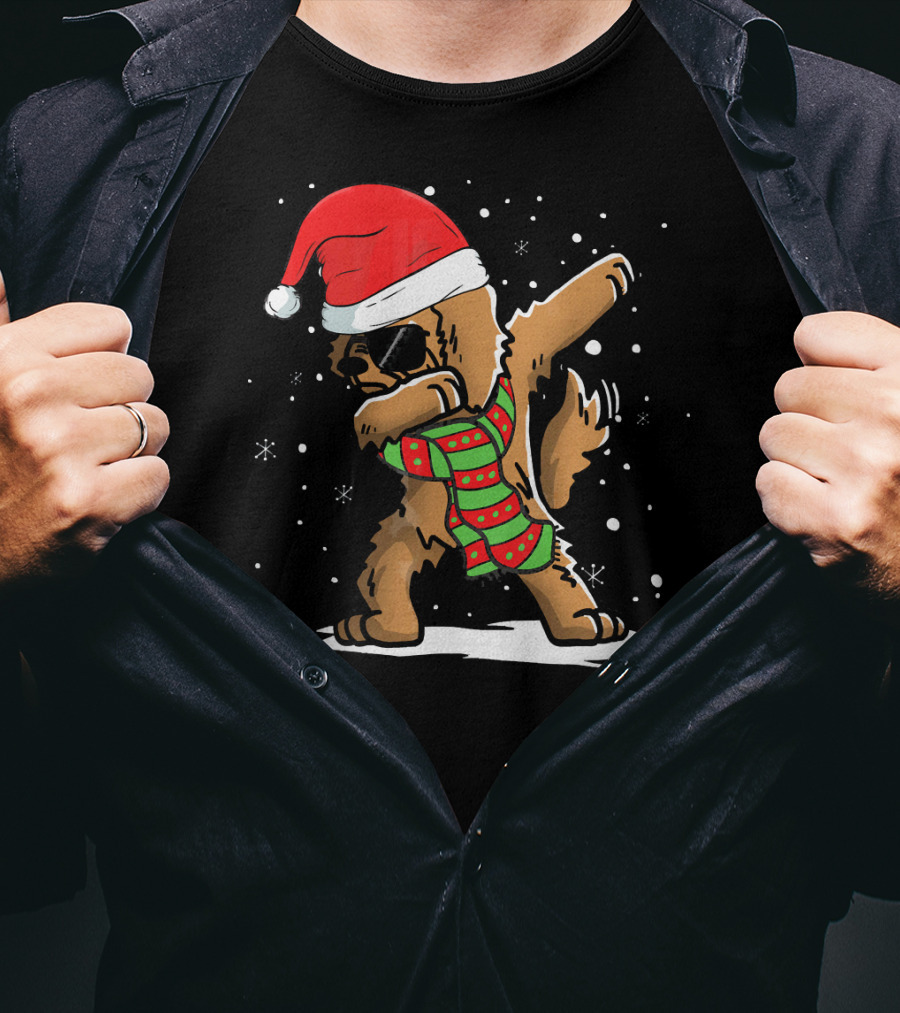Dabbing Goldendoodle Santa With Red Hat And Christmas Scarf T-Shirt