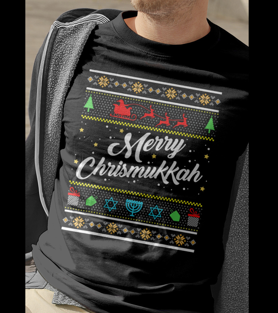 Merry Chrismukkah Santa Sleigh Menorah Stars Trees Snowflakes T-Shirt