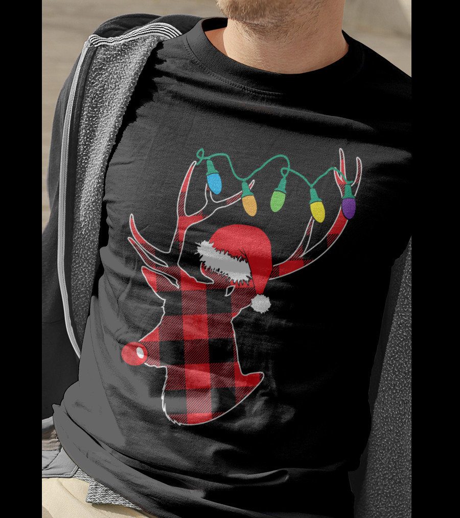 Christmas Deer Santa Hat Buffalo Plaid String Lights T-Shirt
