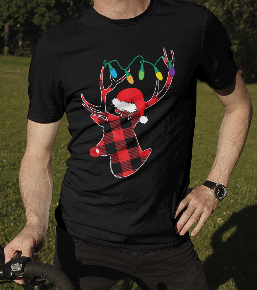 Christmas Deer Santa Hat Buffalo Plaid String Lights T-Shirt