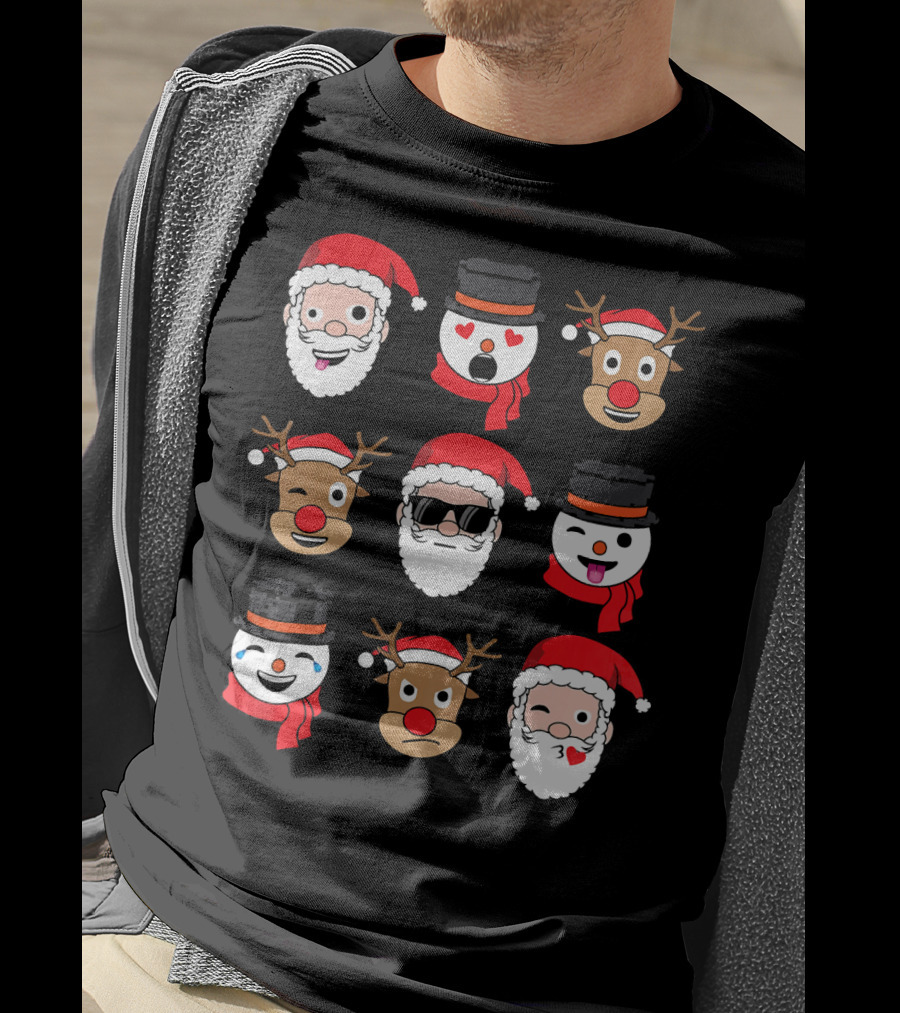 Santa Claus Emoji Faces With Reindeer And Snowman Expressions T-Shirt