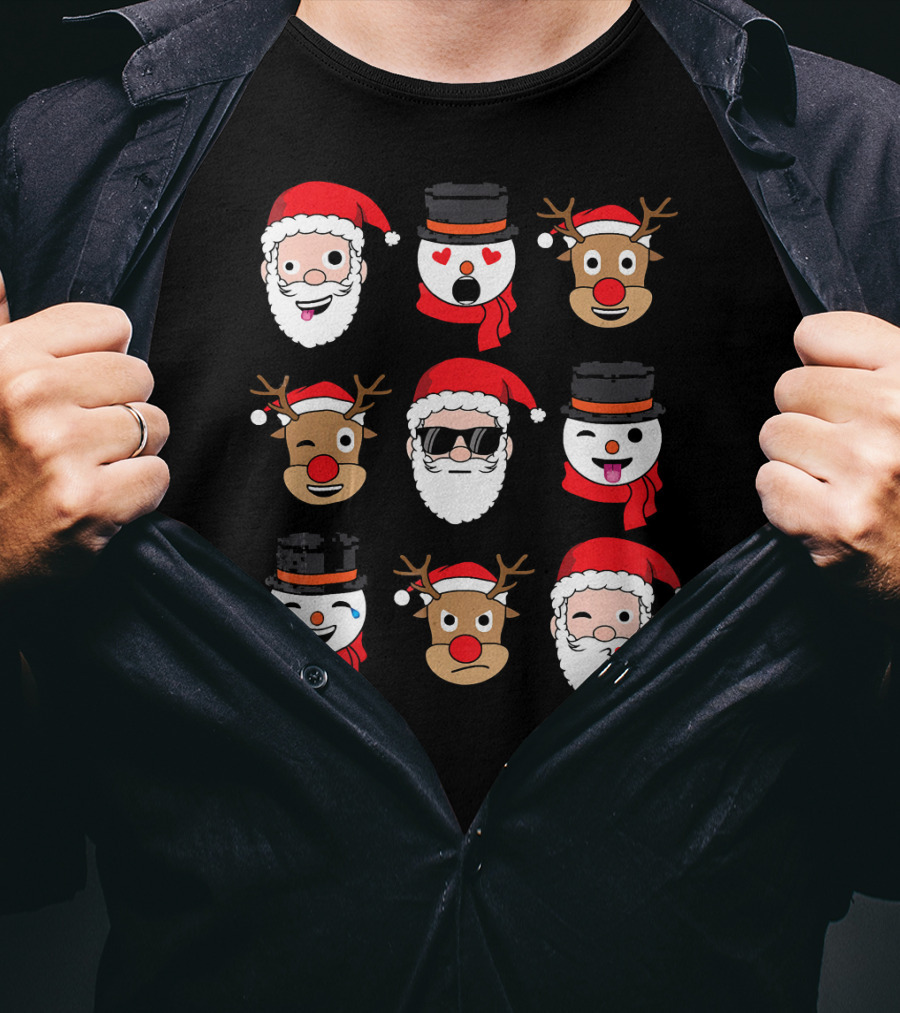 Santa Claus Emoji Faces With Reindeer And Snowman Expressions T-Shirt