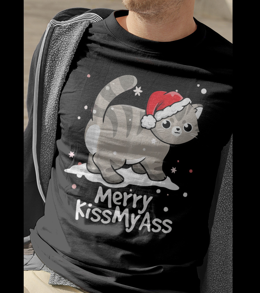 Merry KissMyAss Cat With Santa Hat In Snowflakes T-Shirt