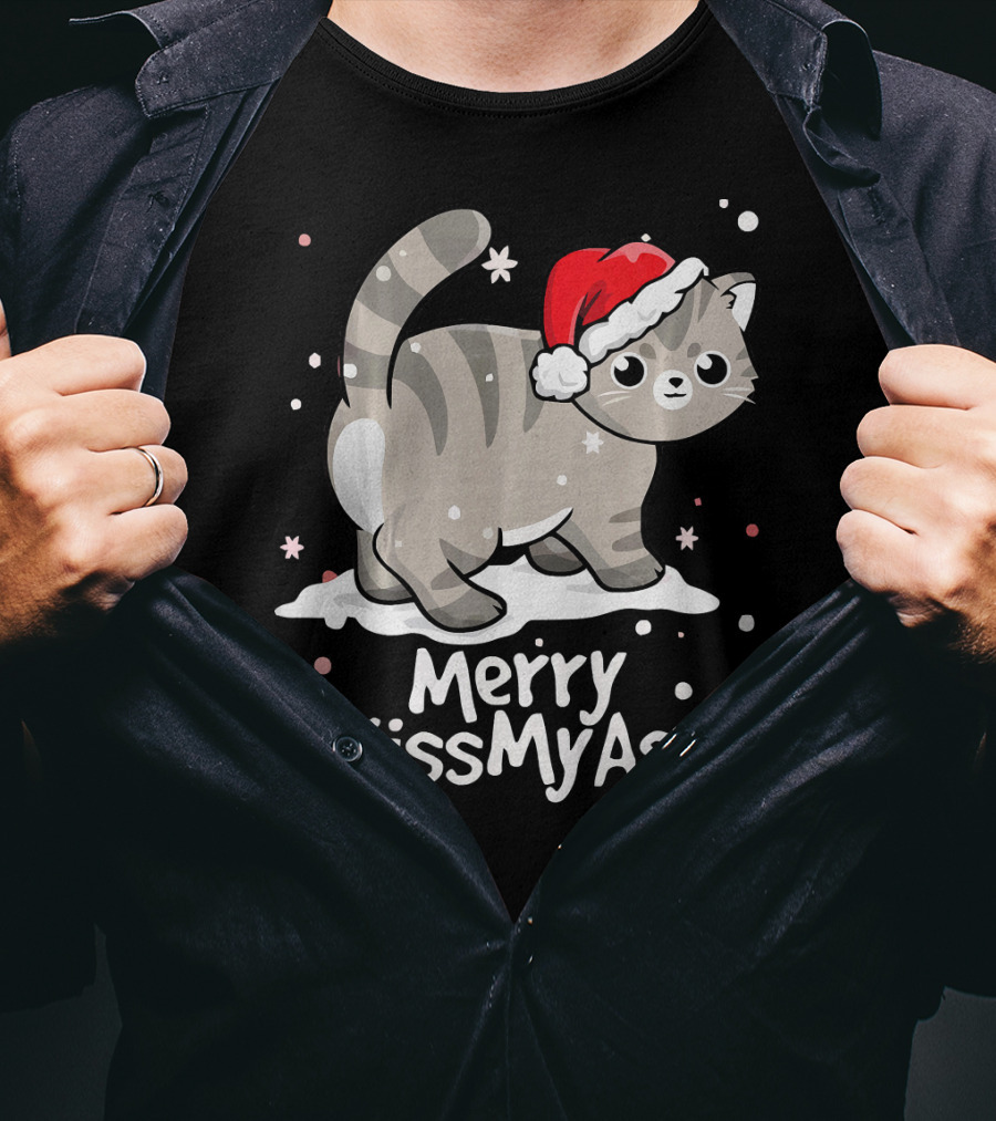Merry KissMyAss Cat With Santa Hat In Snowflakes T-Shirt