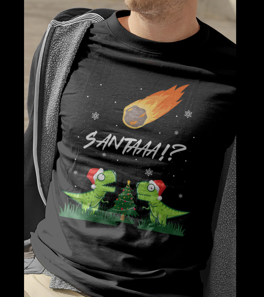 SANTAAA? Funny Rex Santa Hat Meteor Christmas Tree T-Shirt