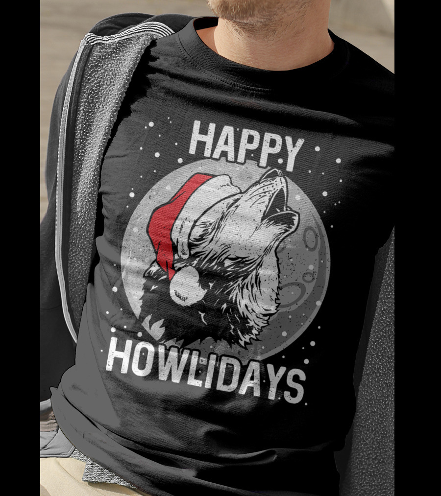 Happy Howlidays Christmas Wolf Santa Hat Moon T-Shirt