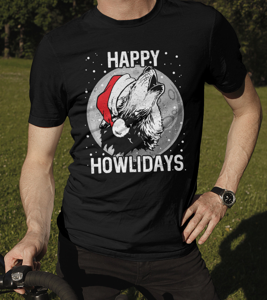Happy Howlidays Christmas Wolf Santa Hat Moon T-Shirt