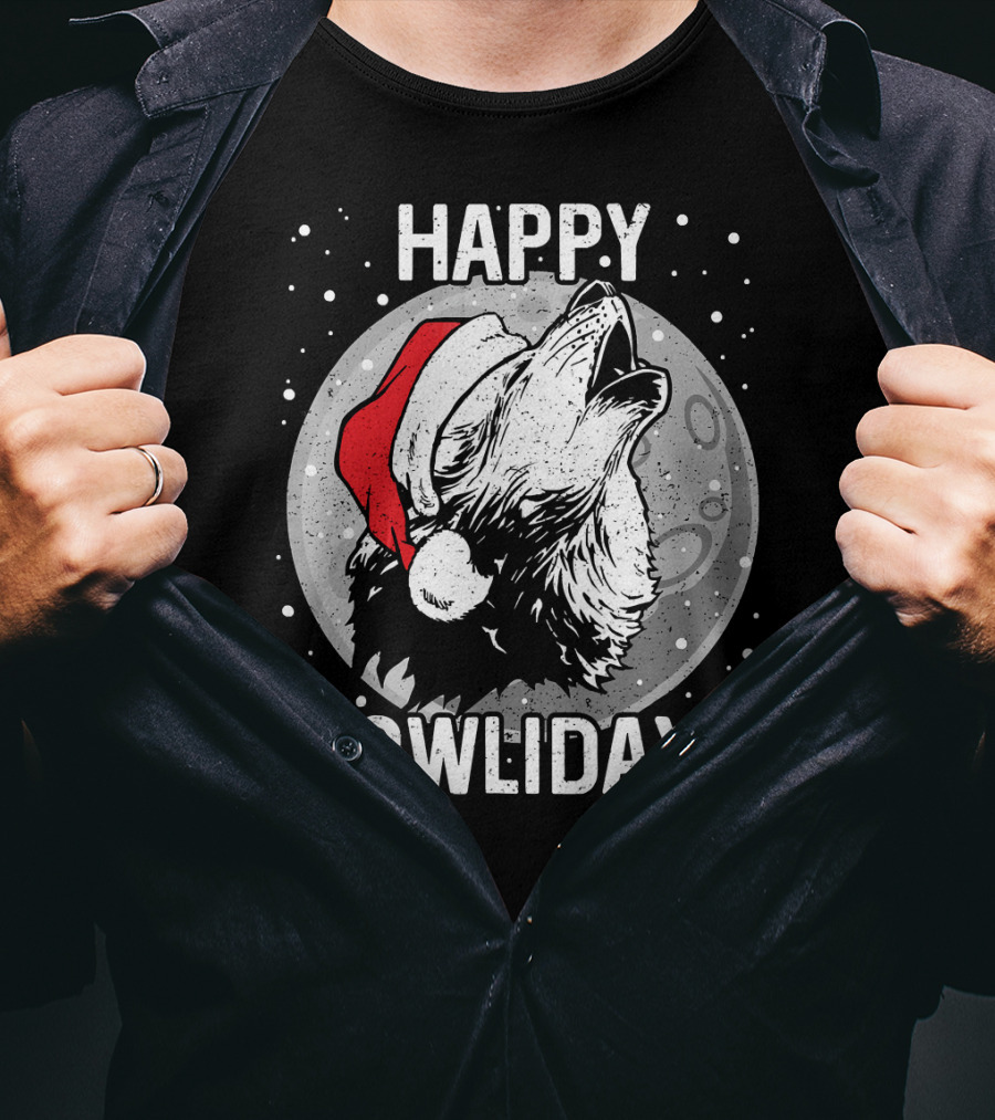 Happy Howlidays Christmas Wolf Santa Hat Moon T-Shirt