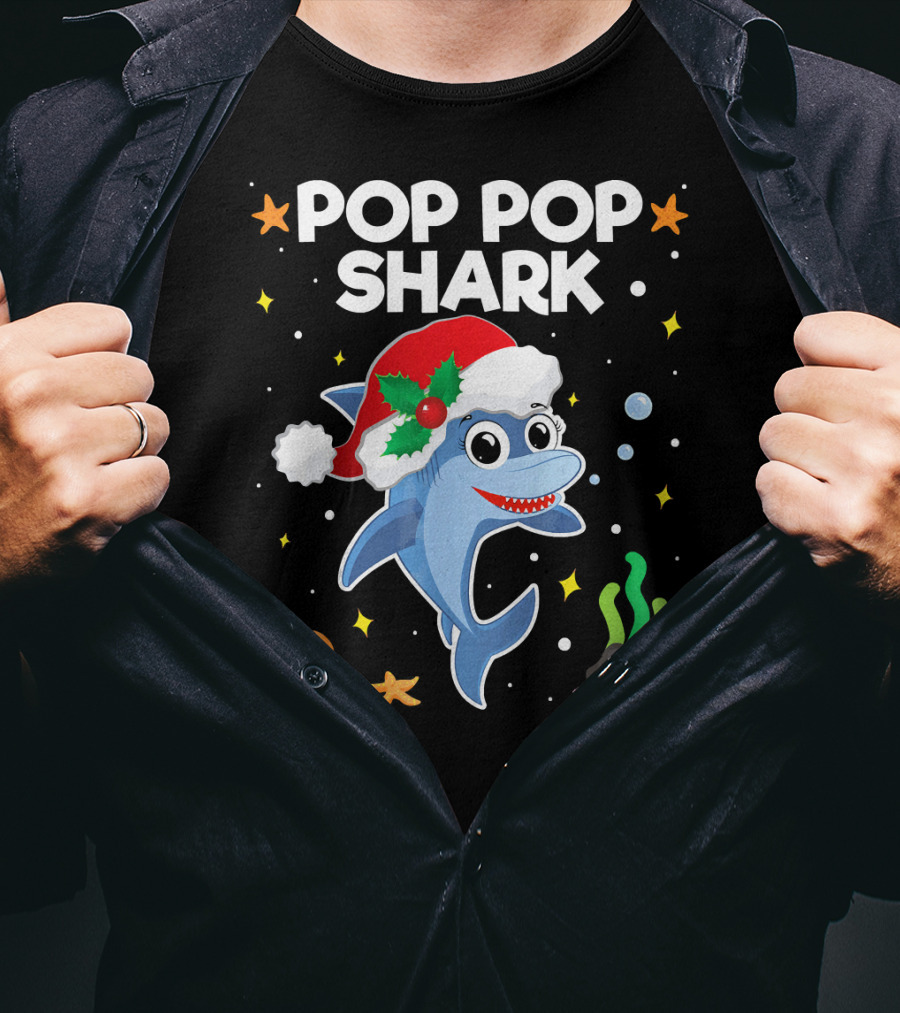 Pop Pop Shark Santa Christmas Grandpa Grandma Ocean T-Shirt