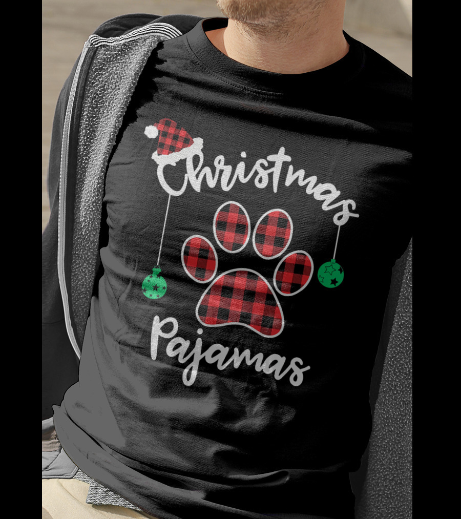 Christmas Pajamas Buffalo Plaid Santa Hat Paw Prints T-Shirt
