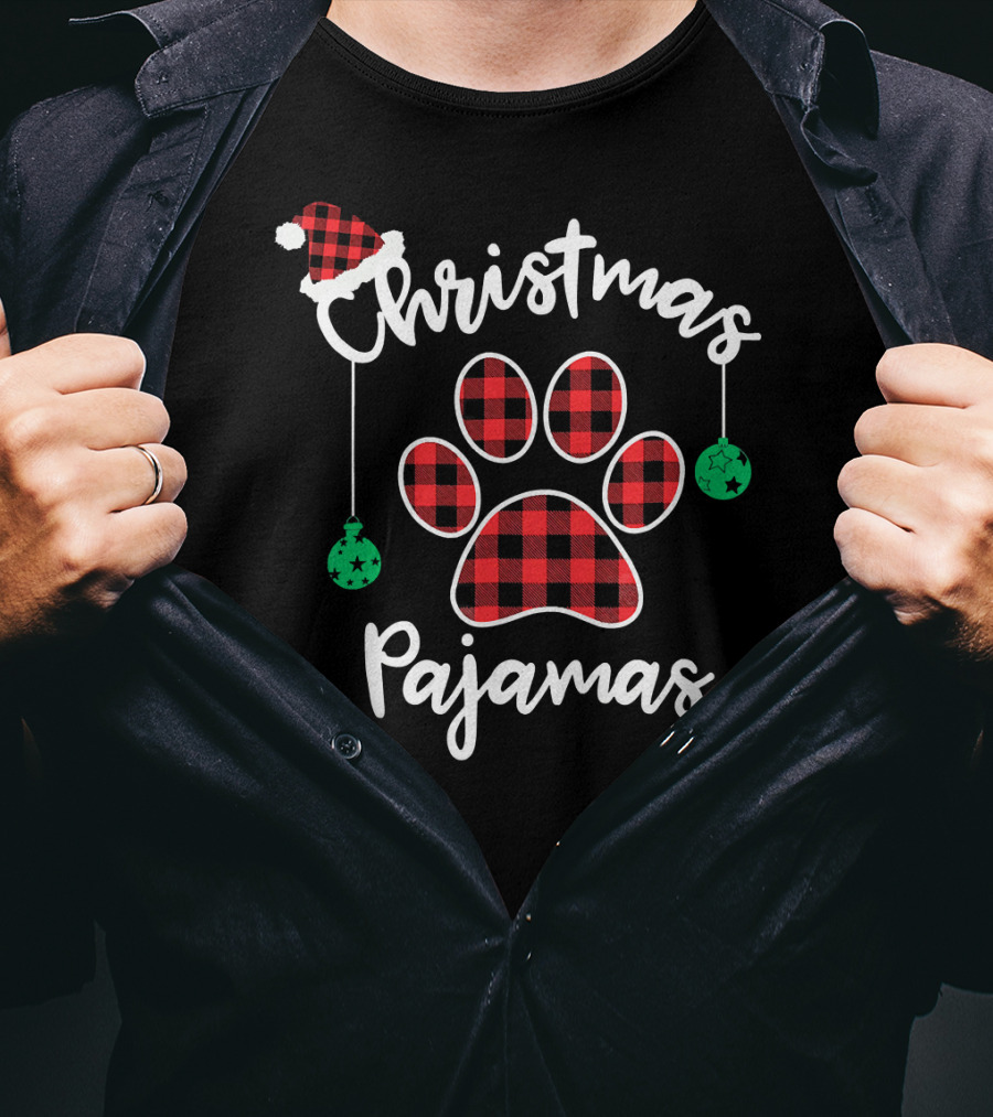 Christmas Pajamas Buffalo Plaid Santa Hat Paw Prints T-Shirt