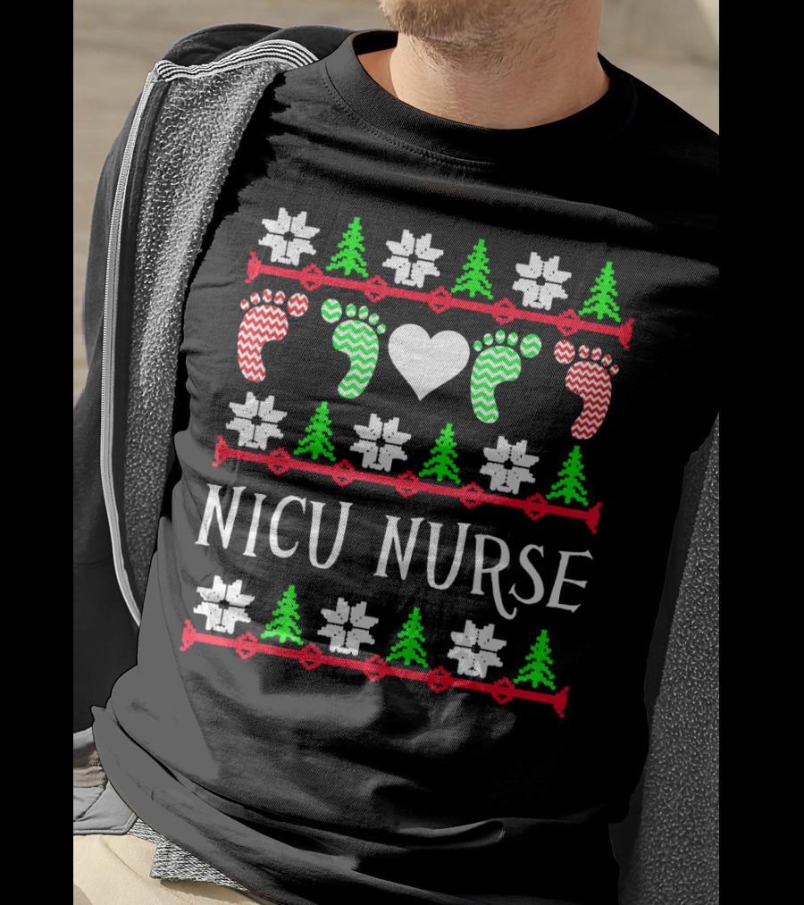 NICU Nurse Christmas Baby Feet Heart Trees T-Shirt
