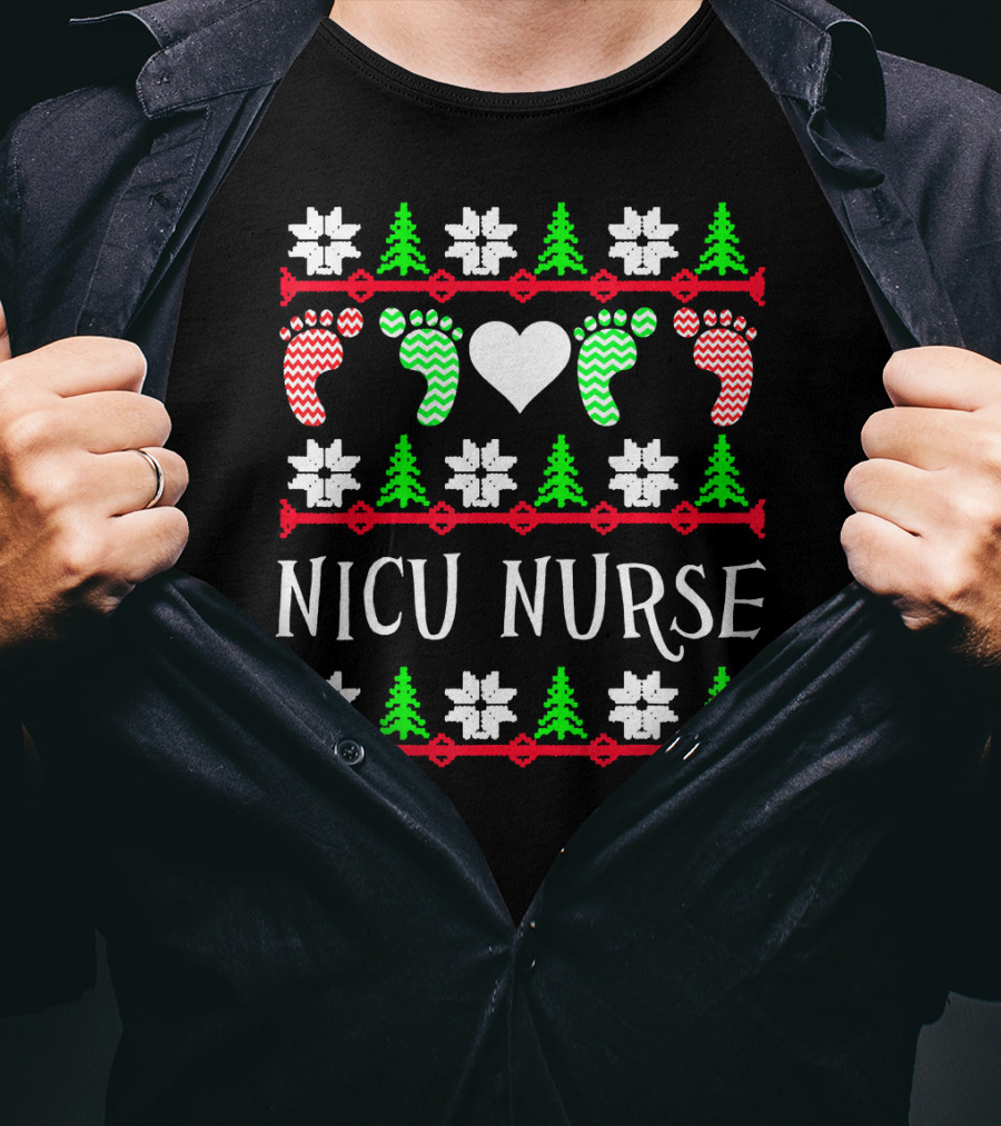 NICU Nurse Christmas Baby Feet Heart Trees T-Shirt