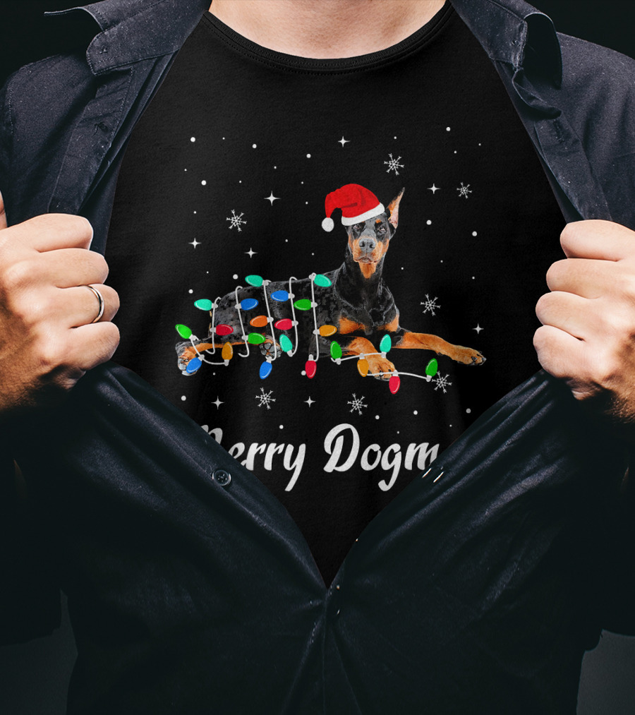 Merry Dogmas Christmas Doberman With Santa Hat And Festive Lights T-Shirt