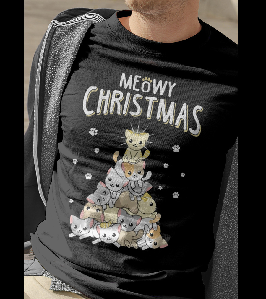 Meowy Christmas Cats Tree With Cute Paw Prints T-Shirt
