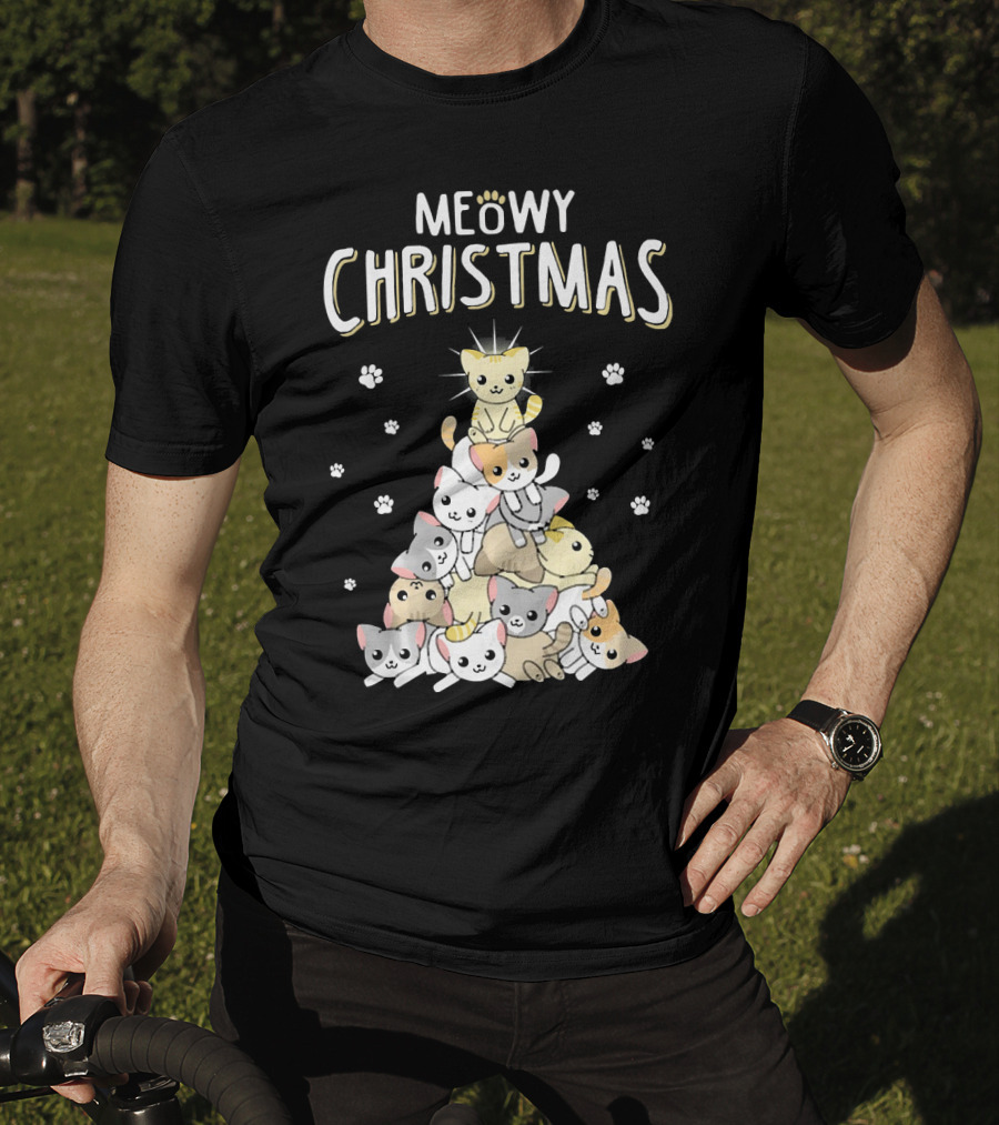 Meowy Christmas Cats Tree With Cute Paw Prints T-Shirt