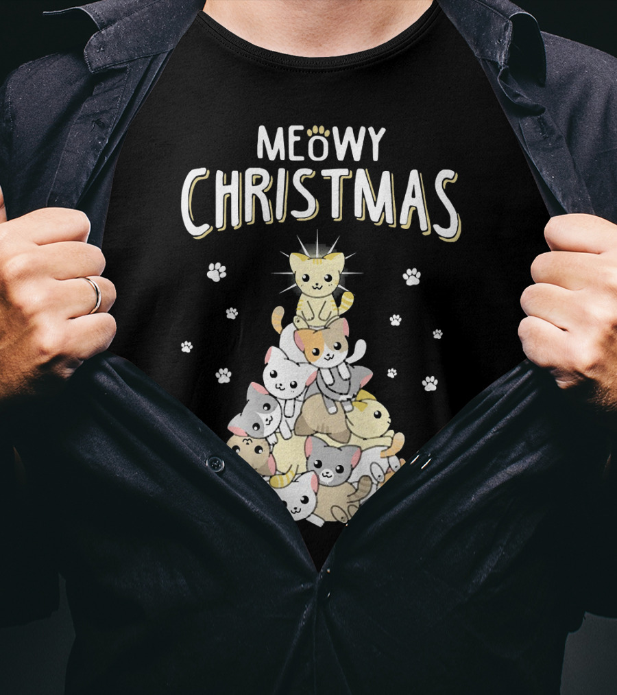 Meowy Christmas Cats Tree With Cute Paw Prints T-Shirt