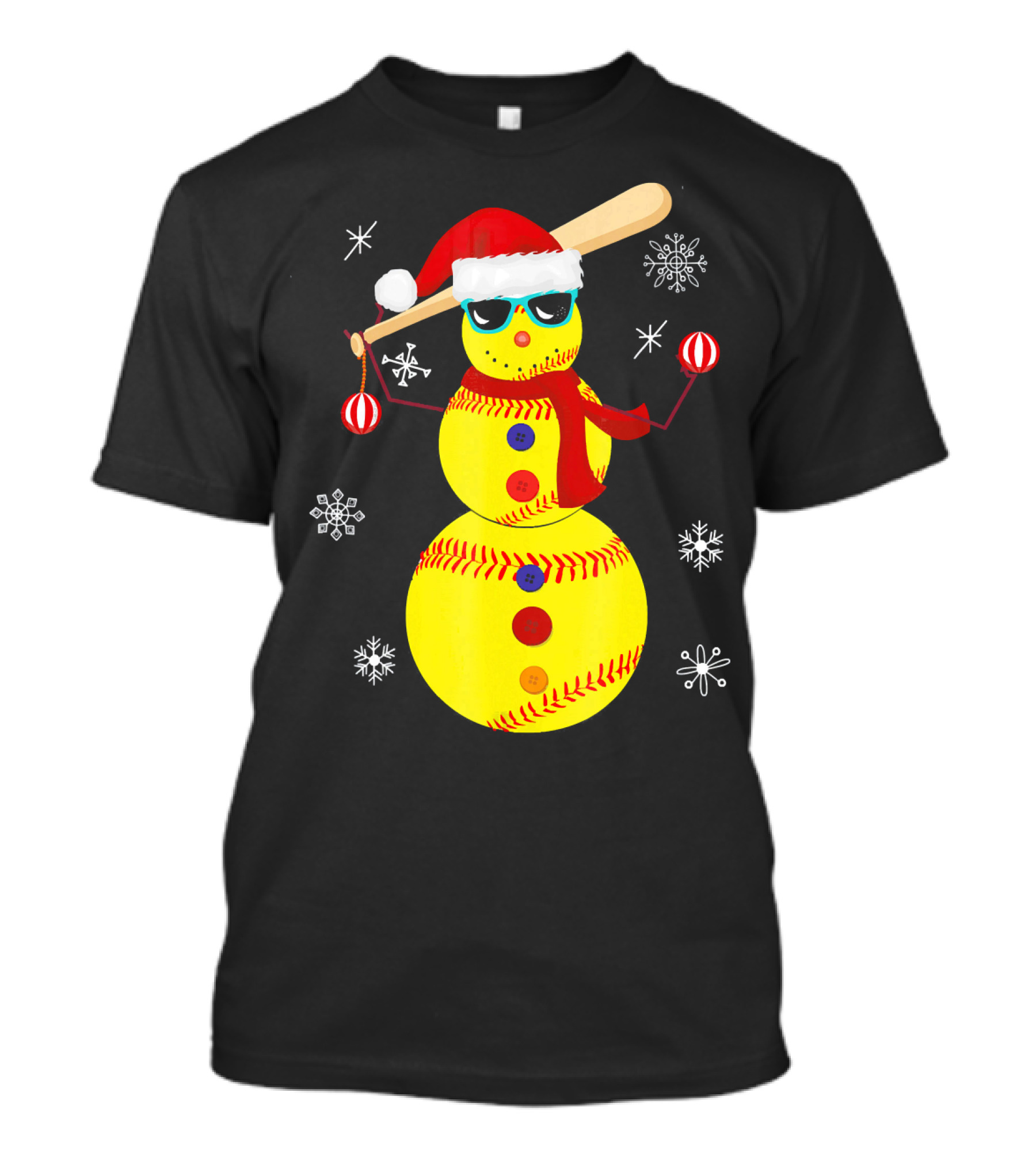 Christmas Softball Snowman With Bat And Santa Hat T-Shirt