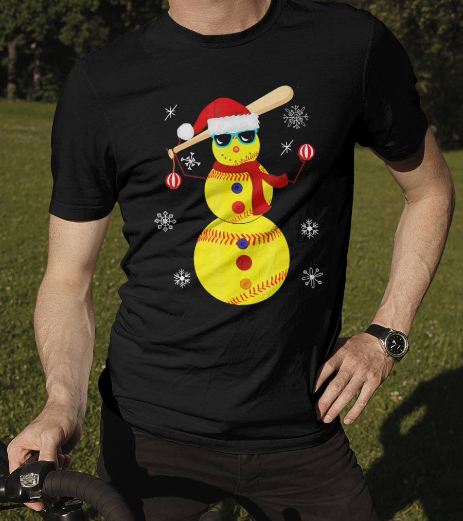 Christmas Softball Snowman With Bat And Santa Hat T-Shirt