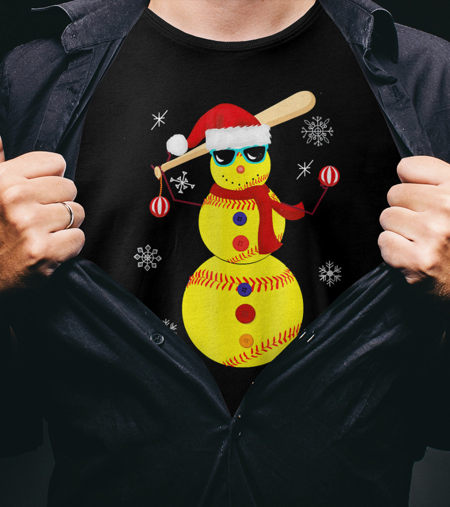 Christmas Softball Snowman With Bat And Santa Hat T-Shirt