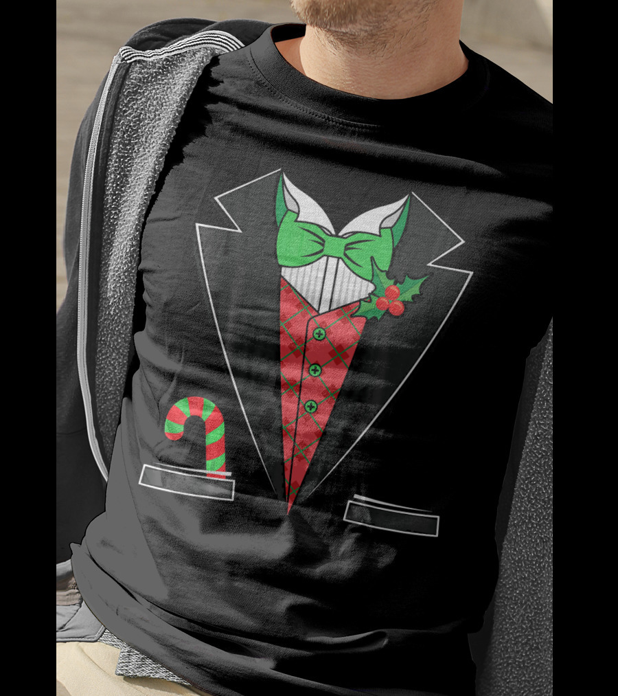 Christmas Tuxedo With Candy Cane Pattern And Festive Bow Tie T-Shirt